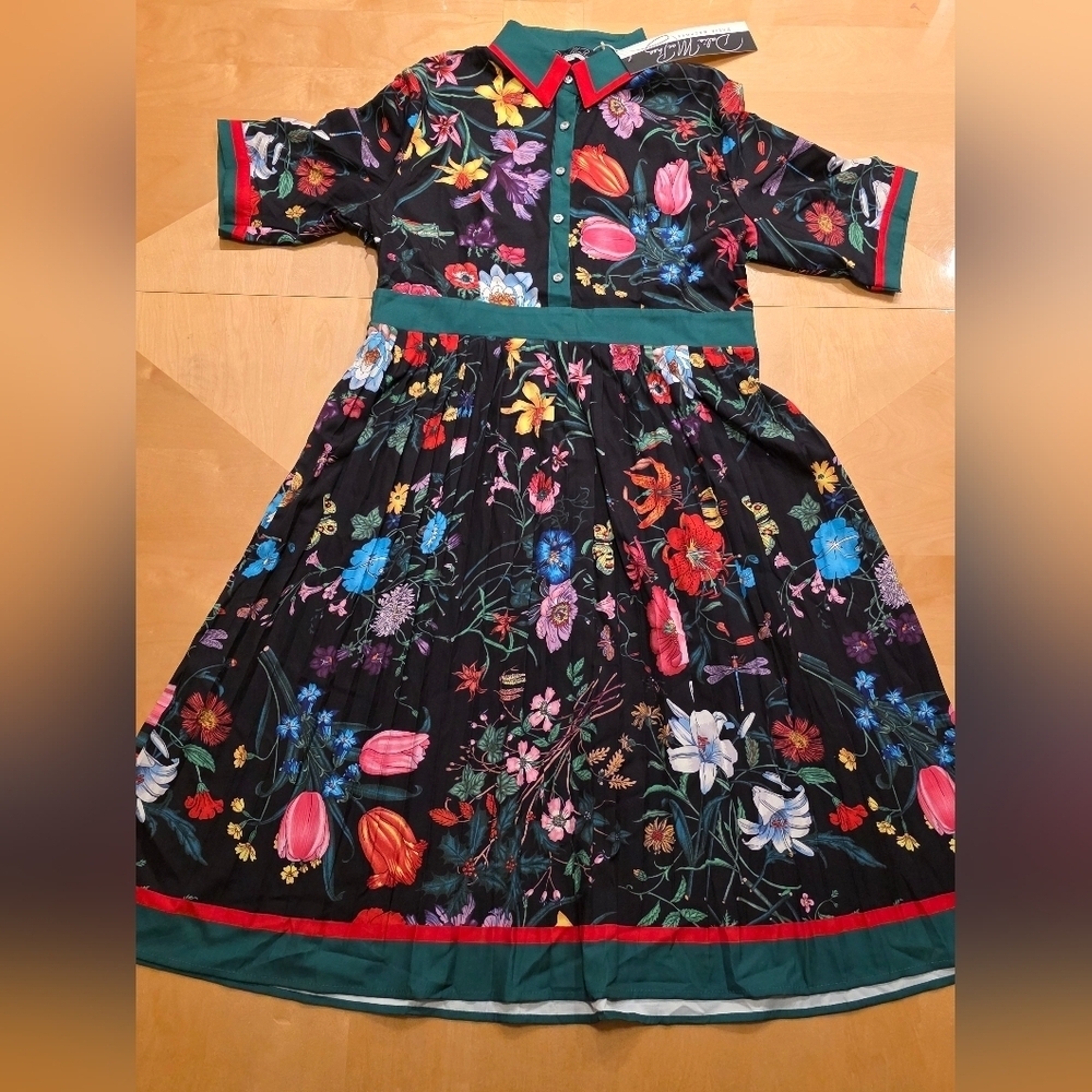 Dalia Macphee Floral Black Dress with Red and Green Accents. Size L. NWT